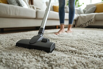 Woman operating vacuum in living room, partial view, cozy atmosphere, detailed carpet texture