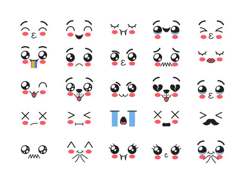 Kawaii Facial Expressions, Emojis Set. Angry, Bloat with Rainbow, Smile, Mustached Gentleman, Shy and Vampire