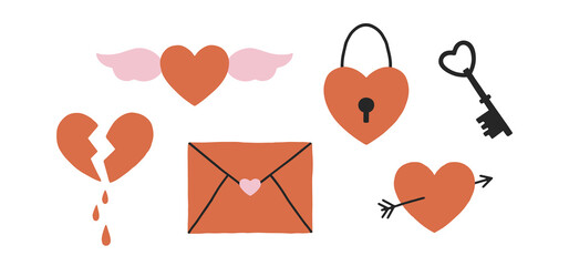 Cute vector Valentines cartoon elements isolated on white background. Lovely letter, key and lock, hearts with cupid arrow and wings for Valentines day, festive design, romantic holidays. Flat style