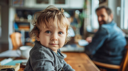 A toddler with tousled hair sitting at a table with an adult male blurred in the background inside a home.