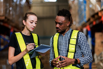 Warehouse worker working in warehouse storage. Foreman or worker work at factory site check up...