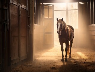 Working horse in a dark stable with sunlight peeking through the wooden door - 791815597