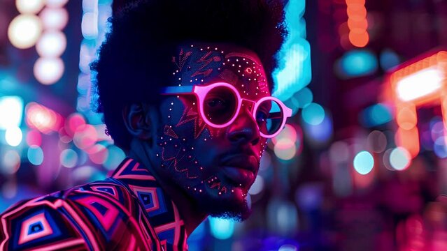 A dapper black man stands tall in a futuristic cityscape his bold afro complemented by a glowing lightup jacket. His makeup features geometric patterns inspired by African tribal face .