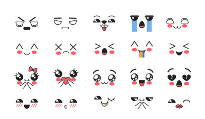 Kawaii Facial Expressions, Emojis Set. Angry, Bloat With Rainbow, Smile, Mustached Gentleman With Monocle
