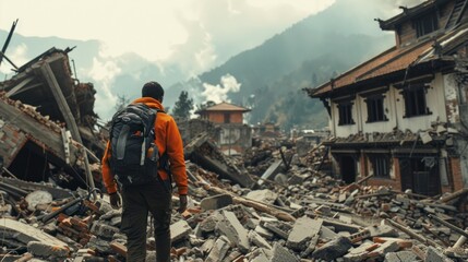 man with backpacks searching the ruins after an earthquake that devastated everything in high resolution and quality