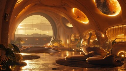 An opulent martian home with large curved windows looking out onto the red landscape.