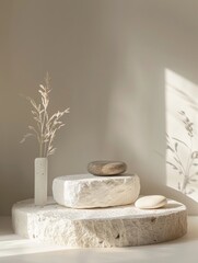 A warm light graces an elegant corner display with layered stone platforms and a tasteful floral arrangement in a slender vase.
