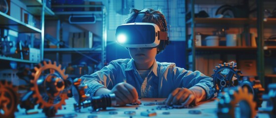 A boy wearing a virtual reality headset works in an interactive 3D environment. The project involves connecting gears with augmented reality software.