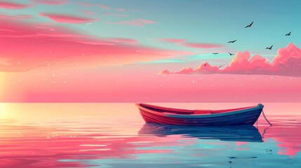 Sea, lake, or pond scenery landscape, lonely wooden boat on calm water in early morning with birds flying in pink sky, cartoon modern illustration of sea, lake, or pond scenery.