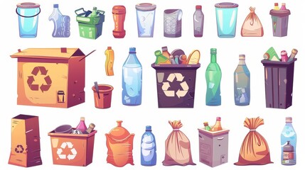 The garbage, trash, and litter bin isolated cartoon set. Old plastic cups, glass bottles, creased carton boxes, waste sacks, container with recycling symbol on white background.