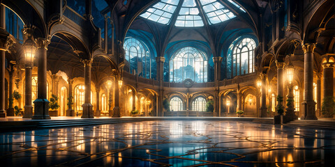 Majestic Gothic Hall with Renaissance Touches Bathed in Golden Light, Exemplifying Luxurious Historical Architecture.