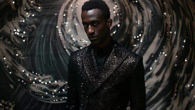 A lone black man stands in front of a backdrop of swirling dark waves his black suit accentuated by a mesmerizing sequin pattern. With an enigmatic gaze and a playful smirk he embodies .