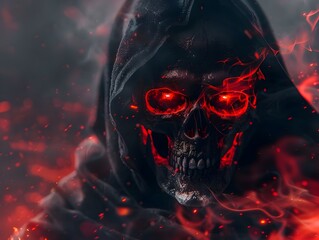 Ethereal Red Glowing Reaper Skull in Hellish Fantasy Apocalyptic Landscape