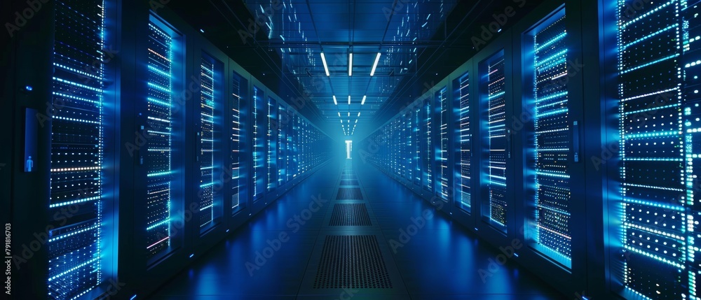 Poster panoramic shot of a working data center with rows of rack servers. blue led lighting blinks and comp