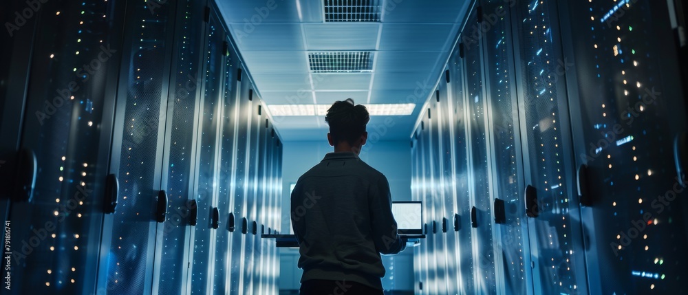 Poster back view close up of a computer specialist in a data center next to server racks running diagnostic