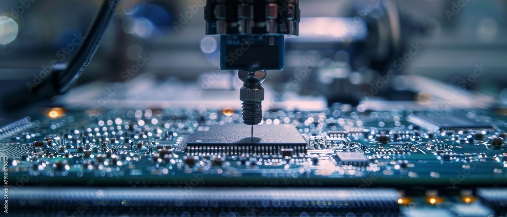 Canvas Prints Electronic factory machine at work: At bottom, Surface Mounted Technology (SMT) is used to connect microchips to motherboards with automated robotic arms.