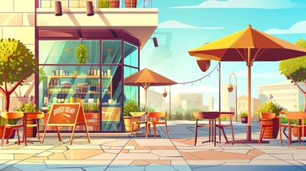Fototapeta na wymiar Coffee house with outdoor terrace, summer city cafe on building's ground floor with wooden tables, chairs, and umbrellas. Street drinks and snacks cafeteria, Modern illustration.