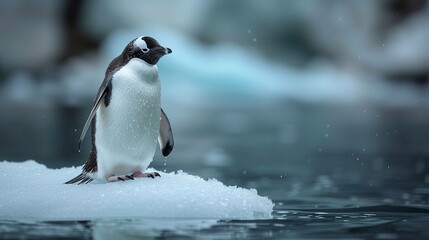 Fototapeta premium Closeup of a penguin looking somber on a small ice floe, melting ice dripping into the ocean, climate change focus