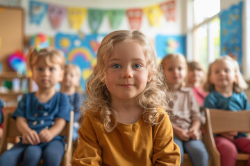 Group of young children sitting in a classroom, smiling, with colorful decorations in the background.
