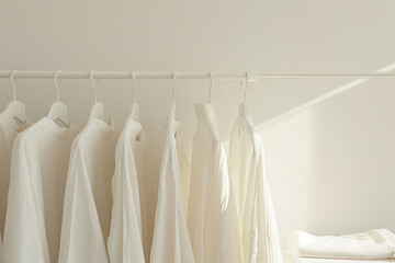 Minimalist room interior with white shirts hanging on a hanger by the window on white walls
