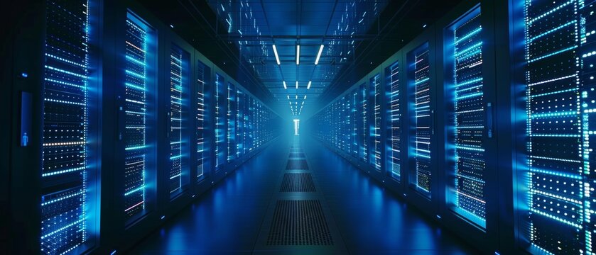 Panoramic shot of a working data center with rows of rack servers. Blue led lighting blinks and computers are on. Dark ambient lighting.
