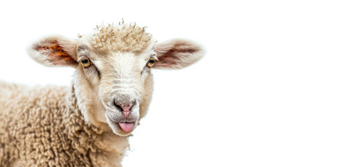 Fototapeta premium Funny young sheep or lamb close up banner, showing her tongue on white background with copy space.