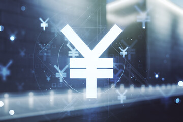 Abstract virtual Japanese Yen symbol hologram on blurry contemporary office building background, forex and currency concept. Multiexposure
