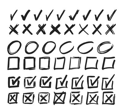 Doodle Cross And Check Marks, Square Boxes And Circle Frames Manuscript Writing Elements. Vector X and V Symbols
