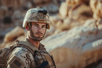 Soldier standing in front of rocky wall with back to camera in military uniform stock photo