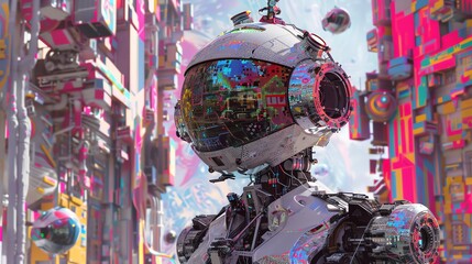 Craft a visually striking scene merging Robotics Advancements x Festive Celebrations, featuring unexpected camera angles and intricate details, using a digital rendering technique such as glitch art t