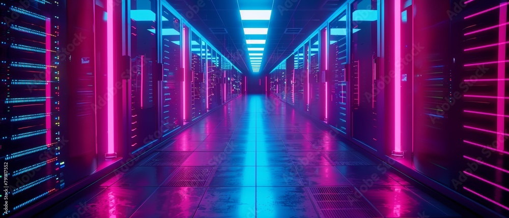 Poster this is a shot of multiple rows of fully operational server racks in a data center. this is a shot o