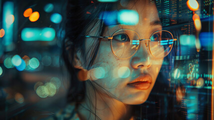 A contemplative woman with glasses, amidst a backdrop of bokeh lights, symbolizing modern urban life and digital connectivity,combination of humans and technology