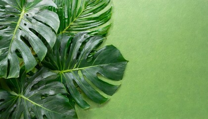large tropical leaves of some kind of palm tree on a green background - obrazy, fototapety, plakaty