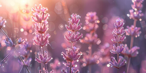 Beautiful lavender field at sunset with dew drops on petals, creating a magical and peaceful atmosphere