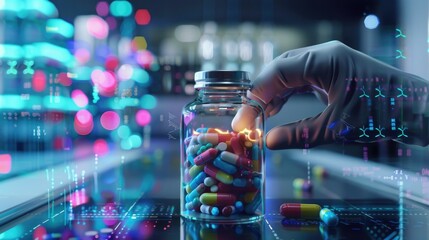 Detailed view of a digital human model in a clinical environment, examining a clear bottle filled with colorful medication samples, emphasizing precision and focus