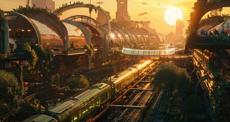 Conceptual design of a solarpunk train station during golden hour, highlighting the integration of solar technology and natural elements in public transport hubs - obrazy, fototapety, plakaty