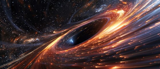 Abstract interpretation of a black hole pulling in stellar material, with vivid light streaks against a dark, star-filled background, symbolizing intense gravitational forces