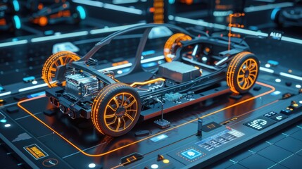 Educational display of an electric vehicle's battery system, annotated with labels and diagrams to help understand the energy flow and storage mechanics