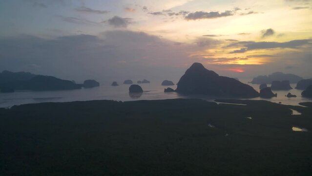mountains. smed nangshe Phang Nga national park in Thailand. Tropical nature drone shot.top view dramratic sky.