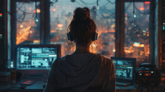 Woman with headphones facing computer screens, overlooking a city at night from a high vantage point. Moody, urban work environment,combination of humans and technology