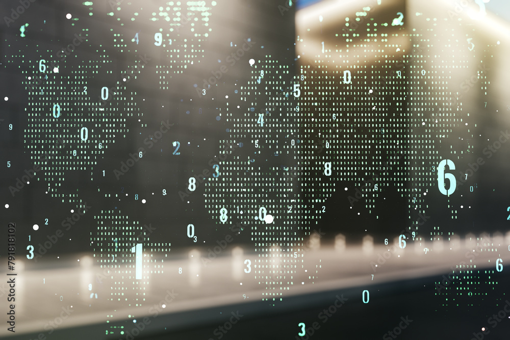 Aufkleber Multi exposure of abstract programming language hologram and world map on contemporary business center exterior background, artificial intelligence and neural networks concept
