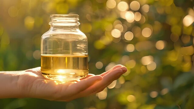 Closeup of a hand holding a glass jar of clear clean liquid fuel illustrating the potential for biofuels to provide a renewable and sustainable energy source. .