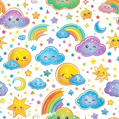 Seamless pattern with cute hand drawn clouds, rainbows and sun.