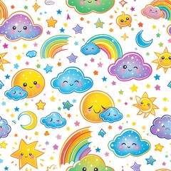 Naklejka premium Seamless pattern with cute hand drawn clouds, rainbows and sun.