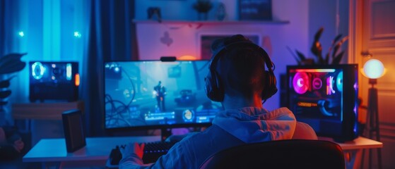 Gaming Online Video Game. Back shot of a Gamer Playing and Winning in a First-Person Shooter Online Video Game on His Powerful PC. Bright Neon Led Lights fill the room and the PC.