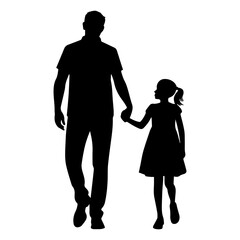 black silhouette of a father holding his daughter's hand, isolated on a white background, design element. Happy Father's Day