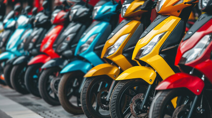 A row of motorcycles are lined up, with some being red, yellow, and blue