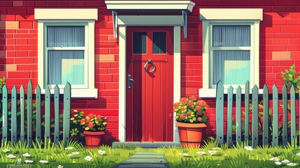 Fototapeta na wymiar House facade with red brick wall, window, door, and flowers in pots. Modern cartoon illustration of home entrance in suburban neighborhood, surrounded by a fence.