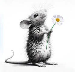 Mouse sketch holding a white daisy flower in its paw isolated on a white background
