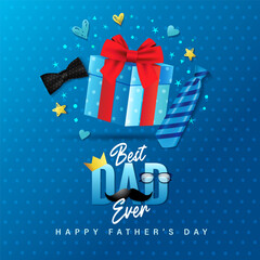 Best Dad Ever, web stories post for Fathers Day. Promotion banner with realistic 3D gift box, necktie and bow tie on blue background. Vector illustration